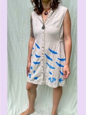 Selkie Song Button Dress in Natural & Blue